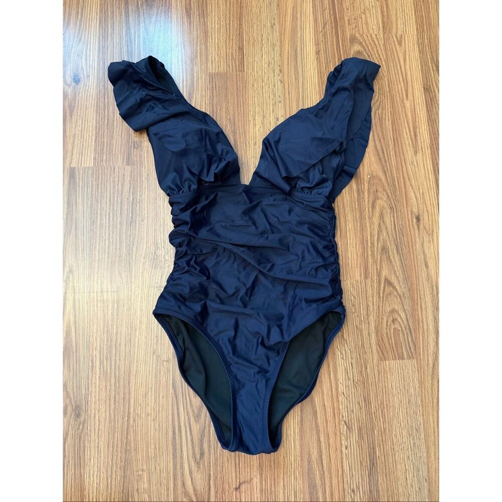 J. Crew Women's Ruffle Deep V-neck Ruched Side One Piece Swimsuit Navy Size 6